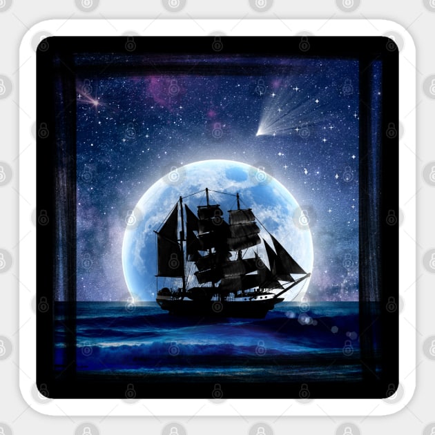 Sailing into the Night Sky - moon and galeon Sticker by Smiling-Faces